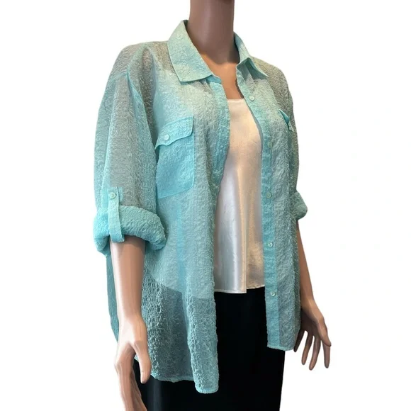 Evan-Picone Adjustable Sleeve Button Up, Mint |16 - Picture 2 of 16